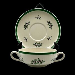 Rare Spode Christmas Tree Flat Cream Soup Bowl and Saucer Discontinued